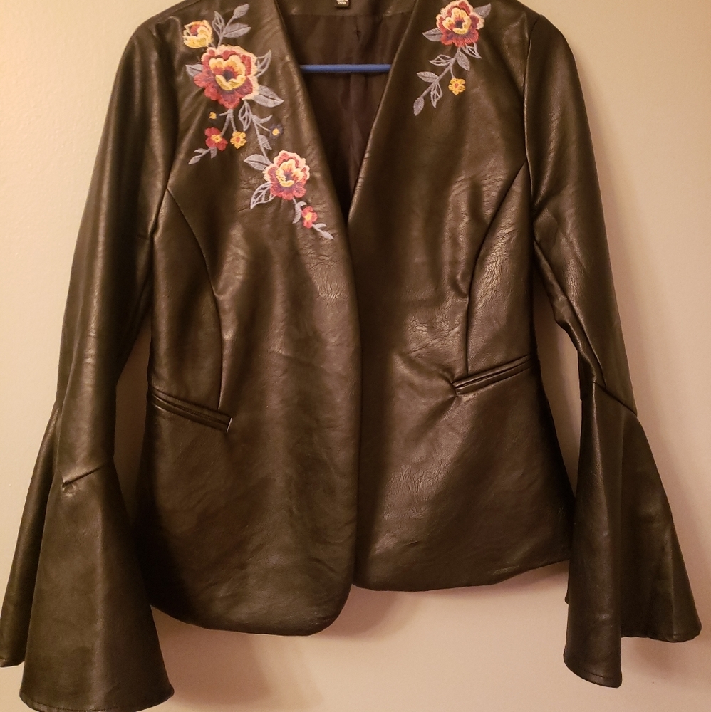 Black leather bell sleeve jacket floral embroidery
